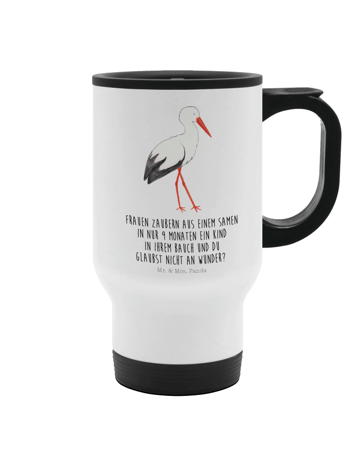 Thermosbecher Storch mit Spruch in Weiß