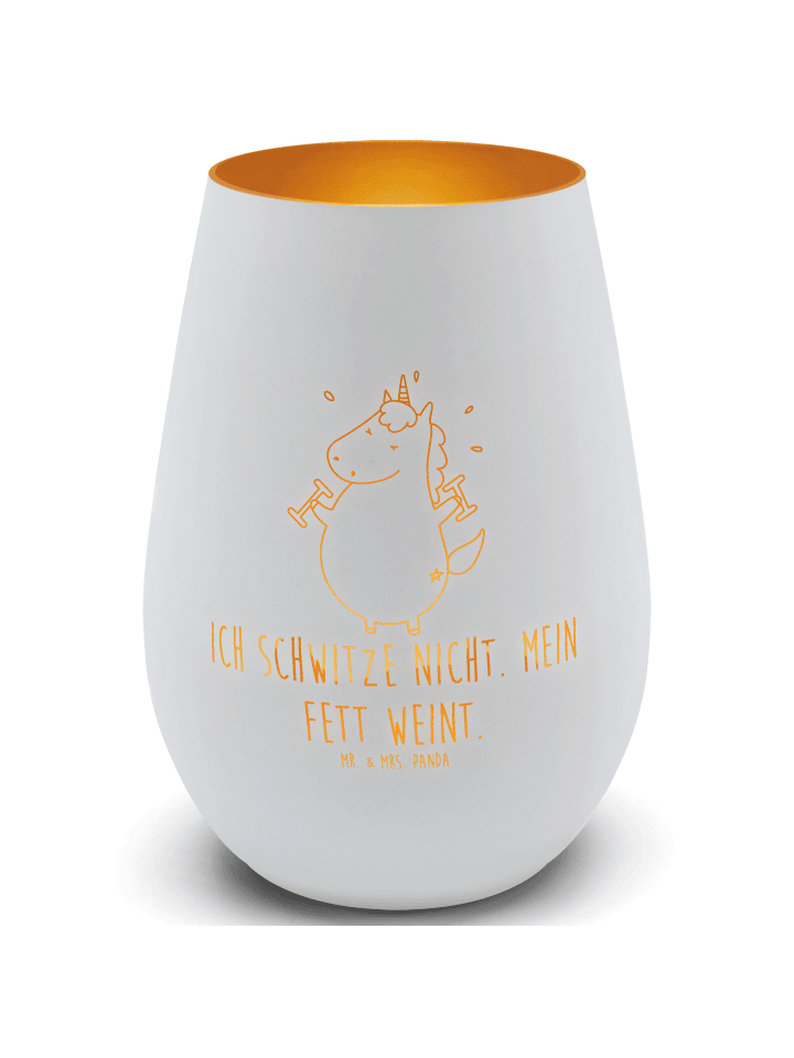 Kerzenhalter Glas Einhorn Fitness mit Spruch in Weiß
