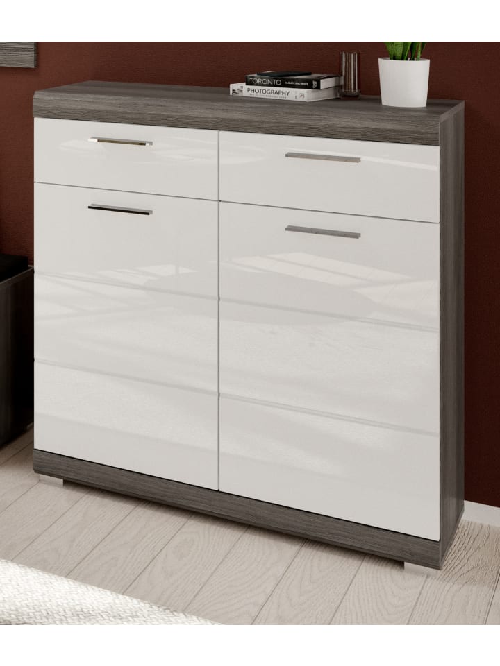 Schuhschrank weiß Hochglanz, Rauchsilber grau 90 cm, Flur Kommode mit Vollauszug