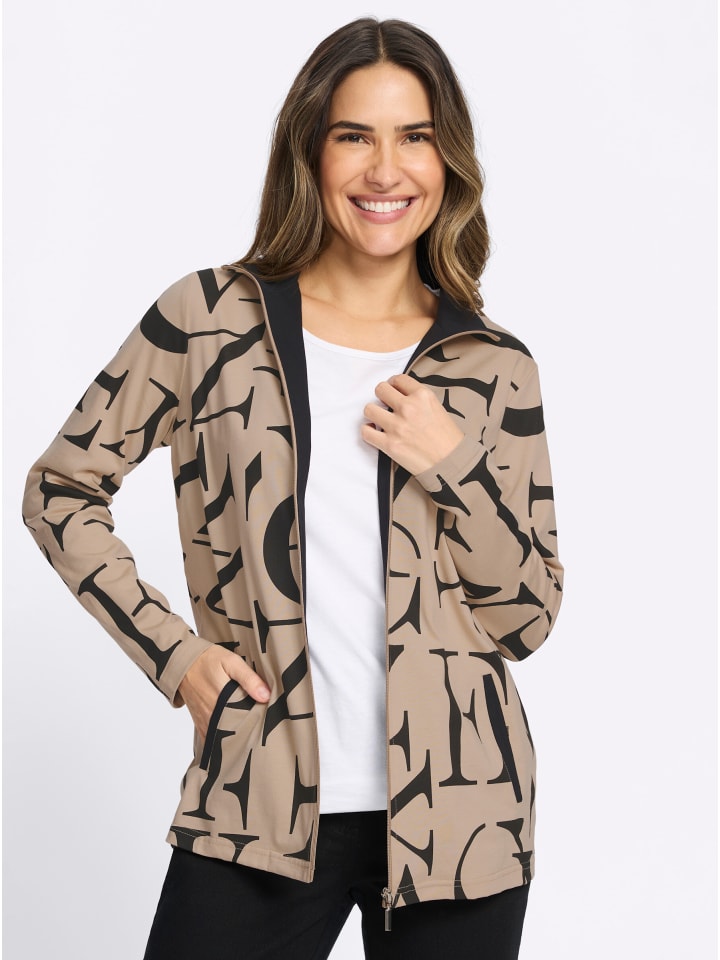 Shirtjacke in beige-schwarz-bedruckt