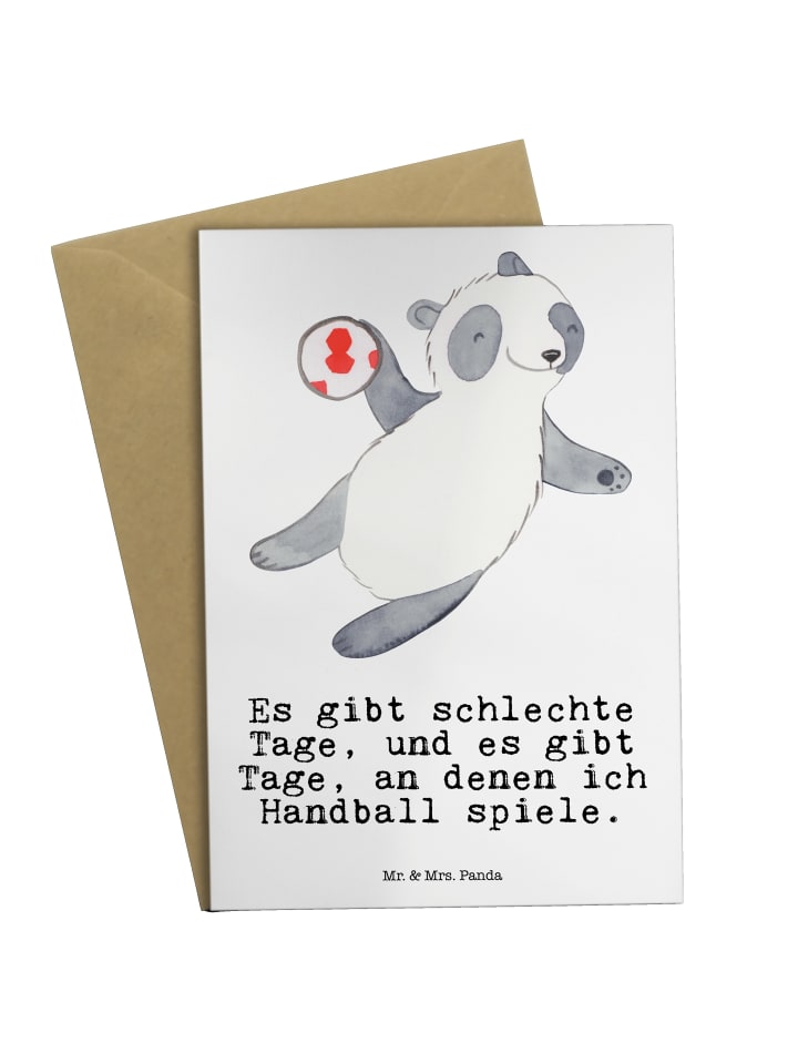 Grußkarte Panda Handball spielen mit Spruch in Weiß
