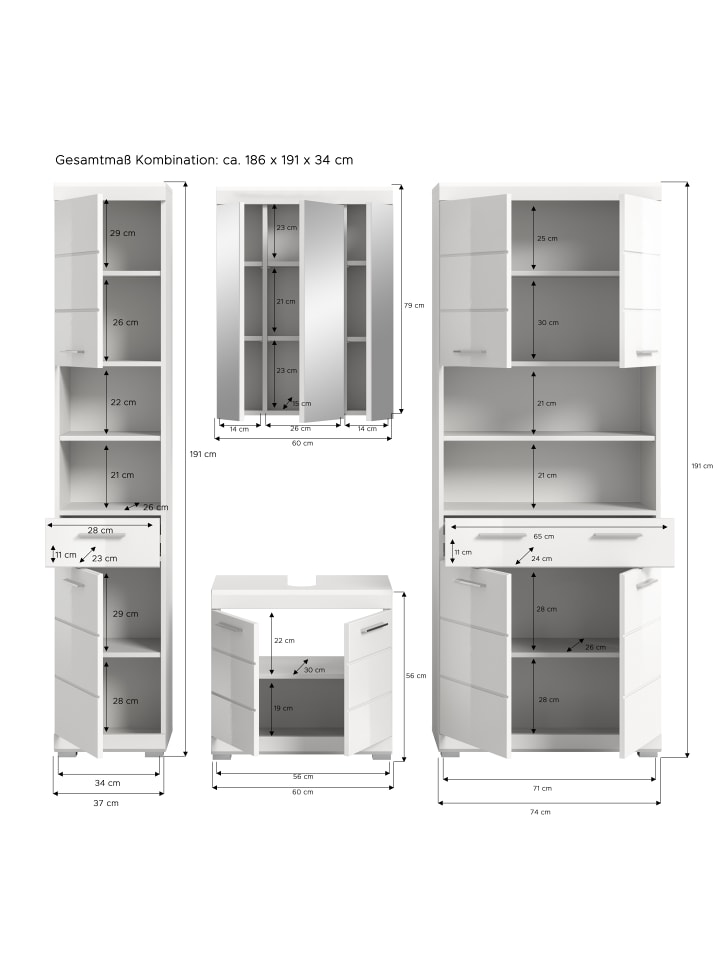 Badkombination in weiß/weiß hochglanz - (B) 186 x (H) 191 x (T) 34