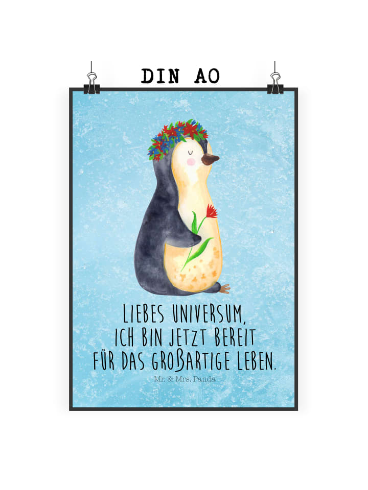 Poster Pinguin Blumen mit Spruch in Eisblau