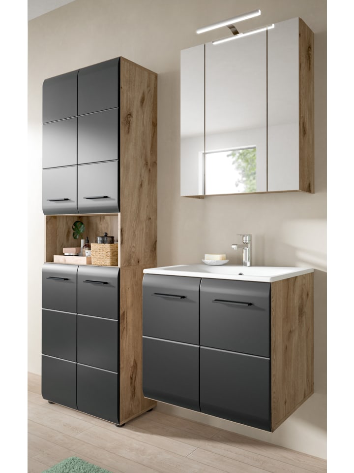 Badmöbel-Set 3-teilig schwarz matt, Eiche 135 cm inklusive Waschbecken