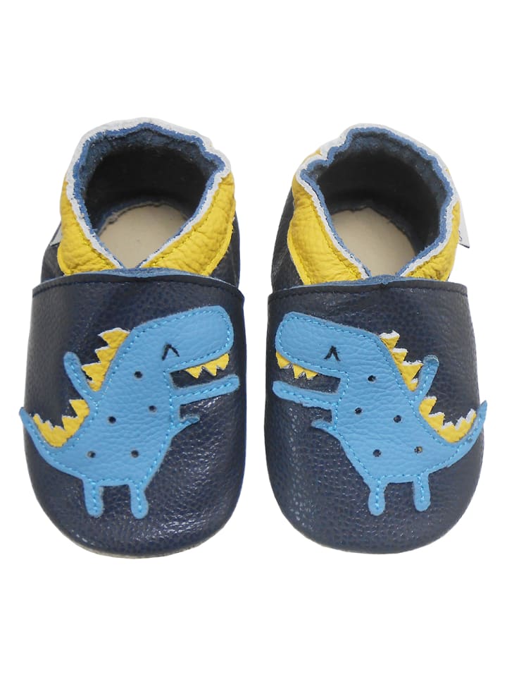 Dunkelblaue Baby Leder Krabbelschuhe, mit rutschfester Sohle –Dinosaurier-Muster