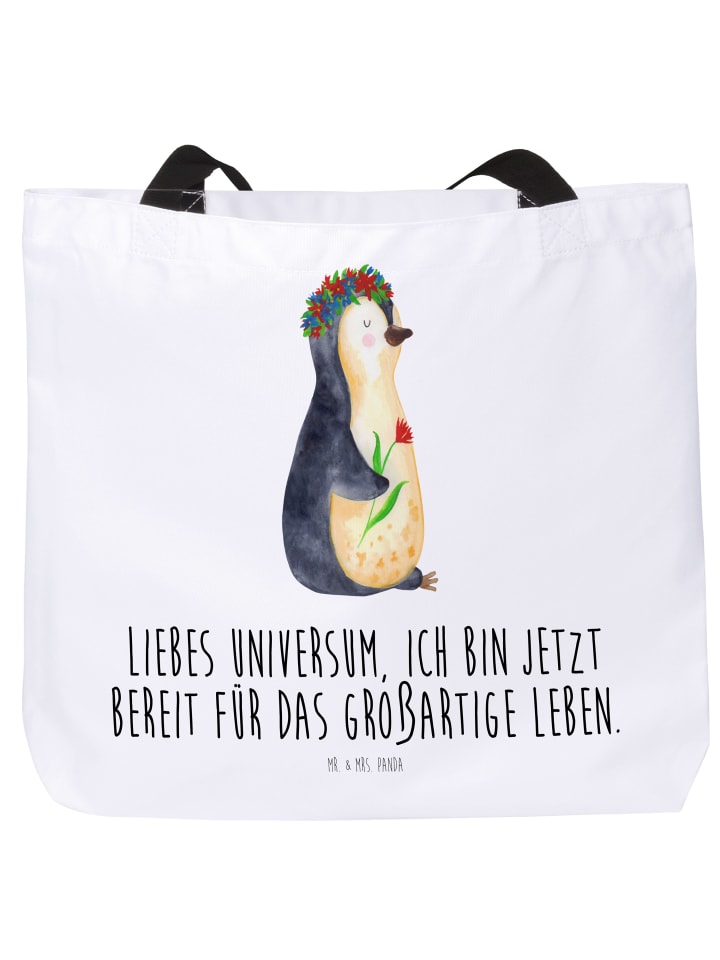 Schultertasche Pinguin Blumen mit Spruch in Weiß