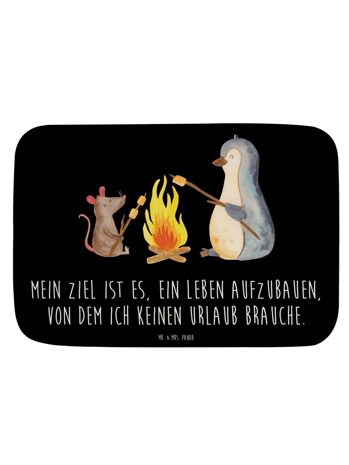 Badteppich Pinguin Lagerfeuer mit Spruch in Schwarz