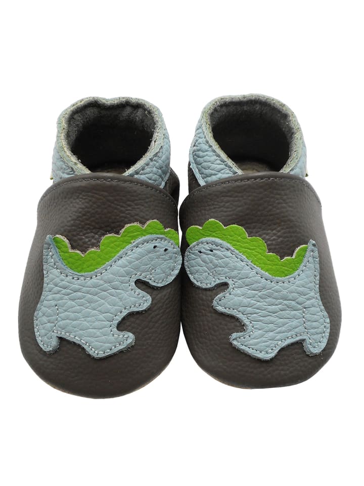 Baby-Lederlaufschuhe mit rutschfester Sohle – Grau mit Dinosauriermuster 