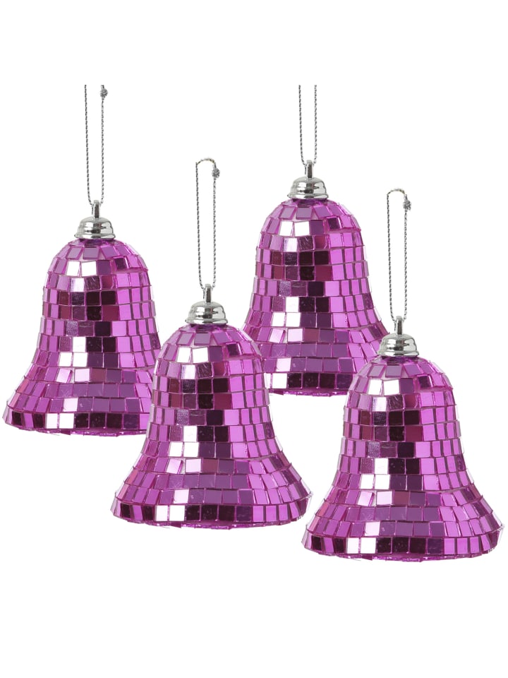 4x Weihnachtsbaumschmuck Glocke im Discokugel Look H: 8cm in pink