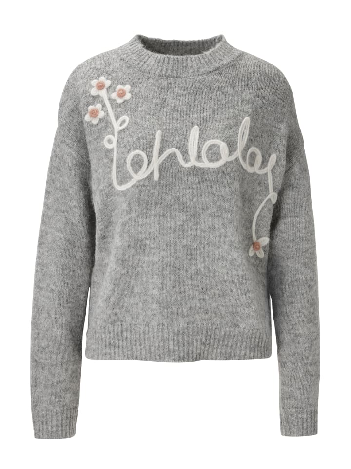 Strickpullover in hellgraumeliert-wollweiß-apricot