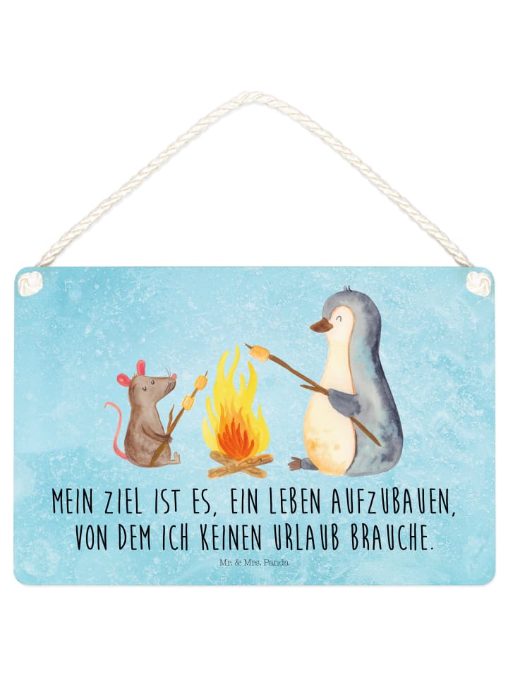 Dekobrett Pinguin Lagerfeuer mit Spruch in Eisblau