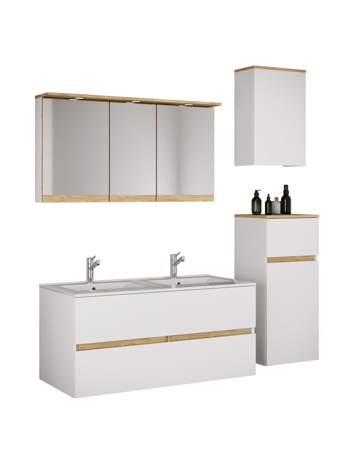 5 tlg. Badmöbel-Set mit Waschbecken Cosila-I 111cm in Weiß / Honig-Eiche