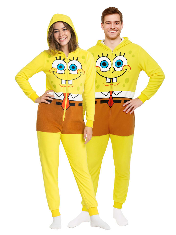 SpongeBob Schwammkopf Kostüm Overall Kapuze Onesie Jumpsuit Einteiler in gelb