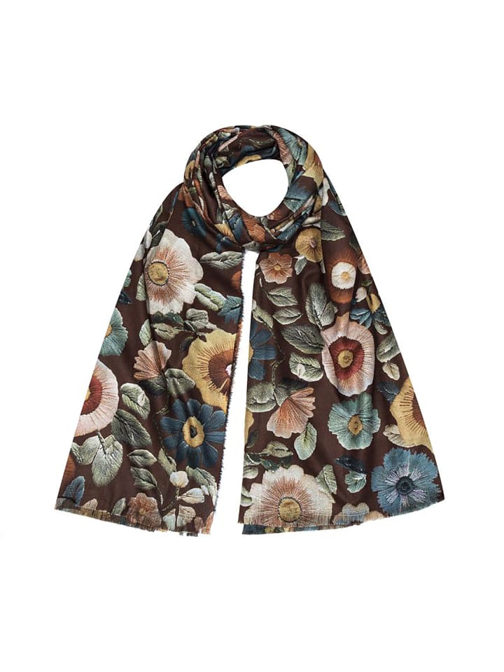 Schal Blumenprint Kurze Fransen Weicher Fall in Braun