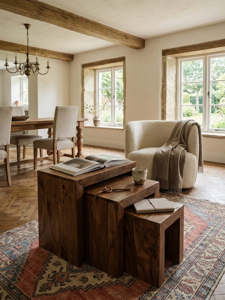 3er Set Satztisch MUMBAI Massiv-Holz Wohnzimmer-Tisch in Akazie