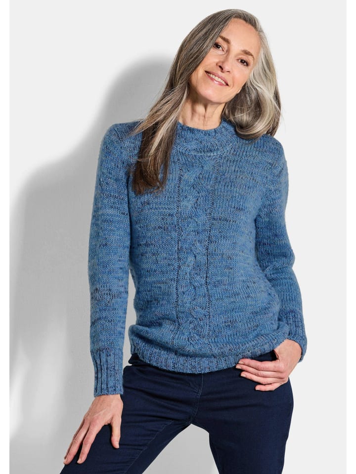 Hüftlanger Langarm Pullover, Zopfstrick in blau / gemustert