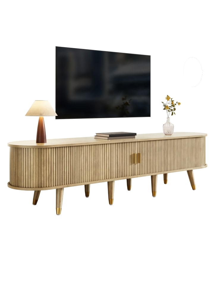 TV Schrank in Eichenbraun 175 cm mit Rattan Schiebetür Landhausstil Schubladen
