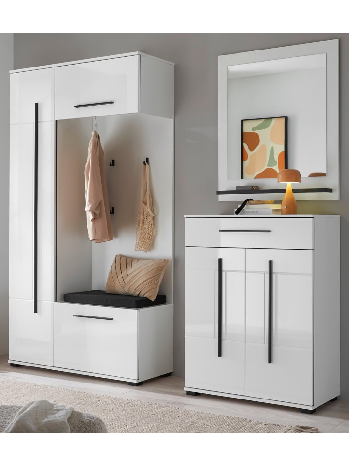 Garderoben-Set weiß Hochglanz 4-teilig 200 cm, Flurgarderobe mit viel Stauraum