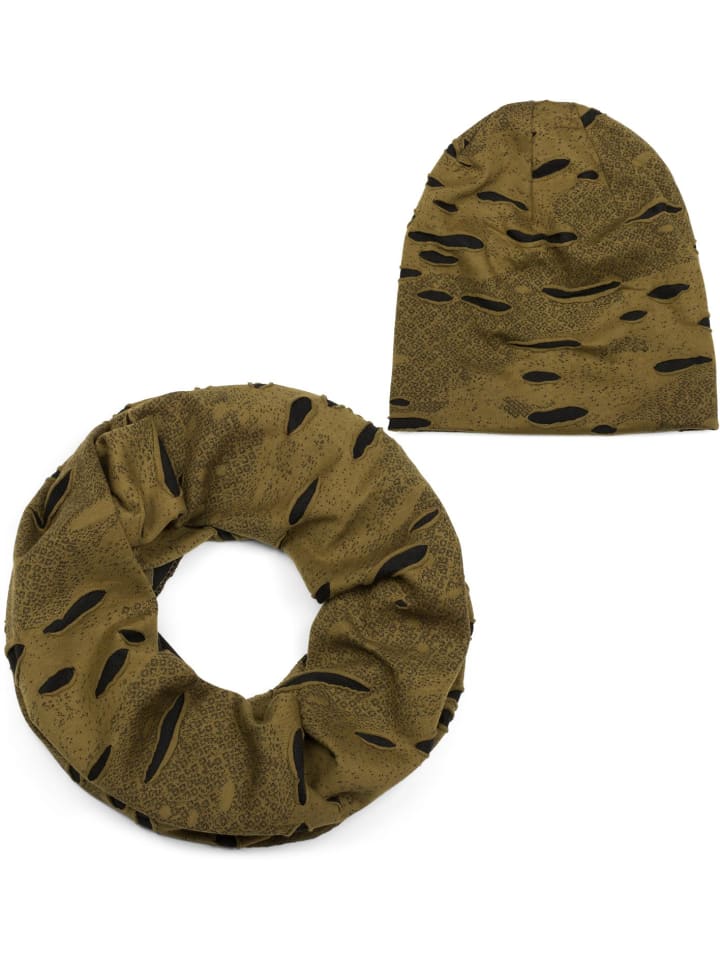 Loop Schal und Beanie Mütze Set in Oliv-Schwarz