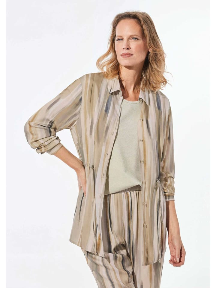 Kurzgröße: Longbluse mit Bindegürtel in beige / gemustert