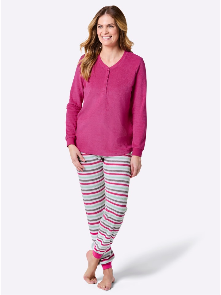 Schlafanzug in fuchsia-weiß-geringelt