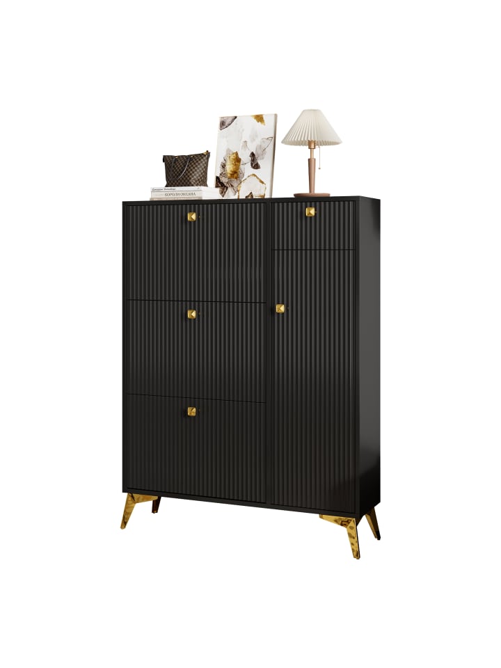 Schuhschrank in Schwarz mit 3 Klappen 1 Tür 1 Schublade 90x25x121 cm