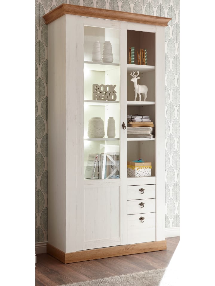 Vitrine weiß Pinie, Eiche Wotan 102 x 200 cm, Vitrinenschrank mit 10 Fächern
