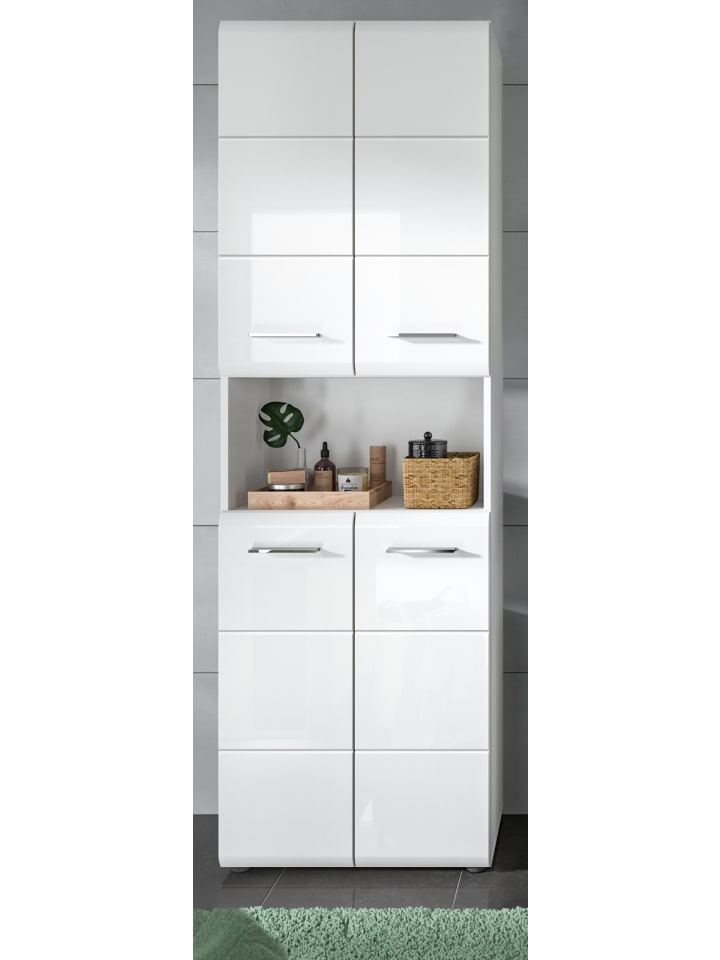 Hochschrank weiß Hochglanz, 4-türiger Badschrank 60 x 185 cm mit viel Stauraum