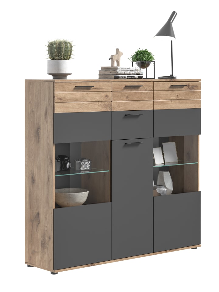 Highboard (B/H/T: 140x134x37 cm) in Nox Oak Nachbildung und Basalt grau