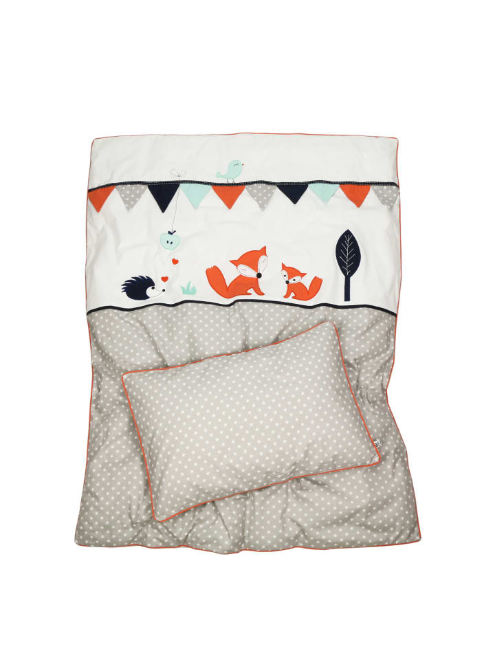 Kinderbettwäsche "FUCHS & IGEL" in Grau/Orange - (L) 135 x (B) 100cm