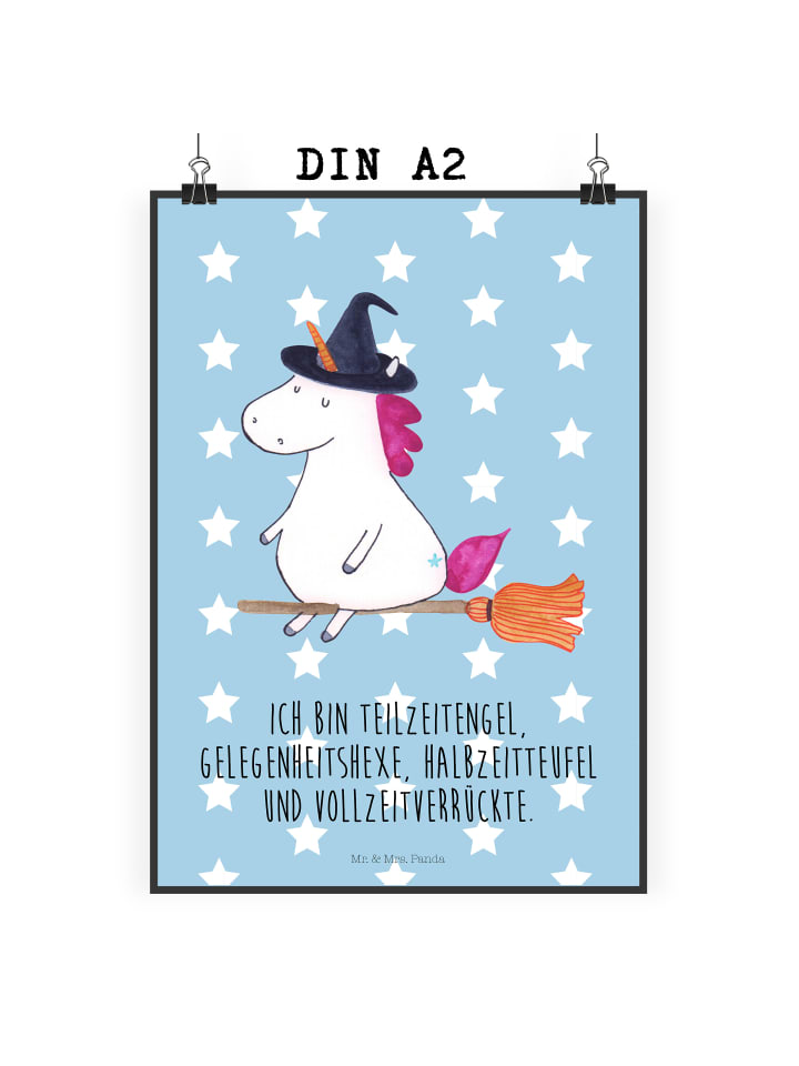 Poster Einhorn Hexe mit Spruch in Blau Pastell