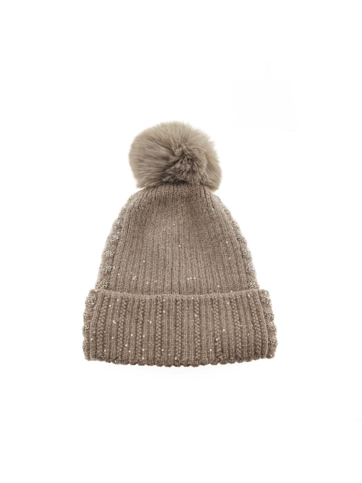 Strickmütze mit Perlen & Bommel für Damen OneSize – Stil und Wärme in Braun