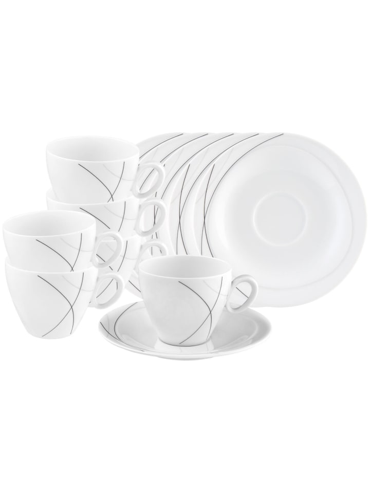 6er Set Kaffeetassen mit Untertassen Trio Highline in Weiß-Grau 230 ml