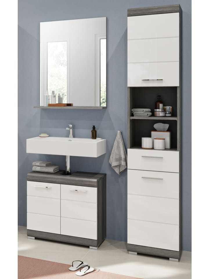 Badmöbel-Set weiß Hochglanz, grau 3-teilig 112 cm, Badkombination, 8 Fächer