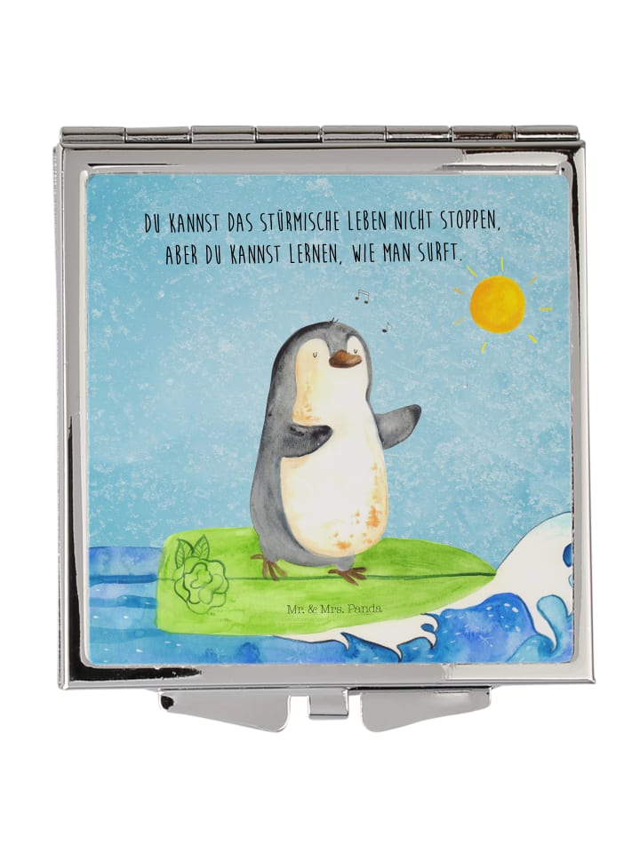 Kosmetikspiegel Pinguin Surfer mit Spruch in Eisblau