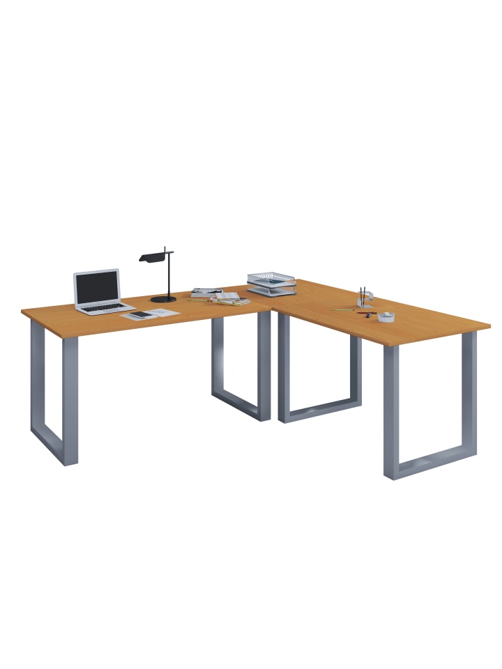 U Schreibtisch Eckschreibtisch L Form 190x130x50 in Silber / Buche