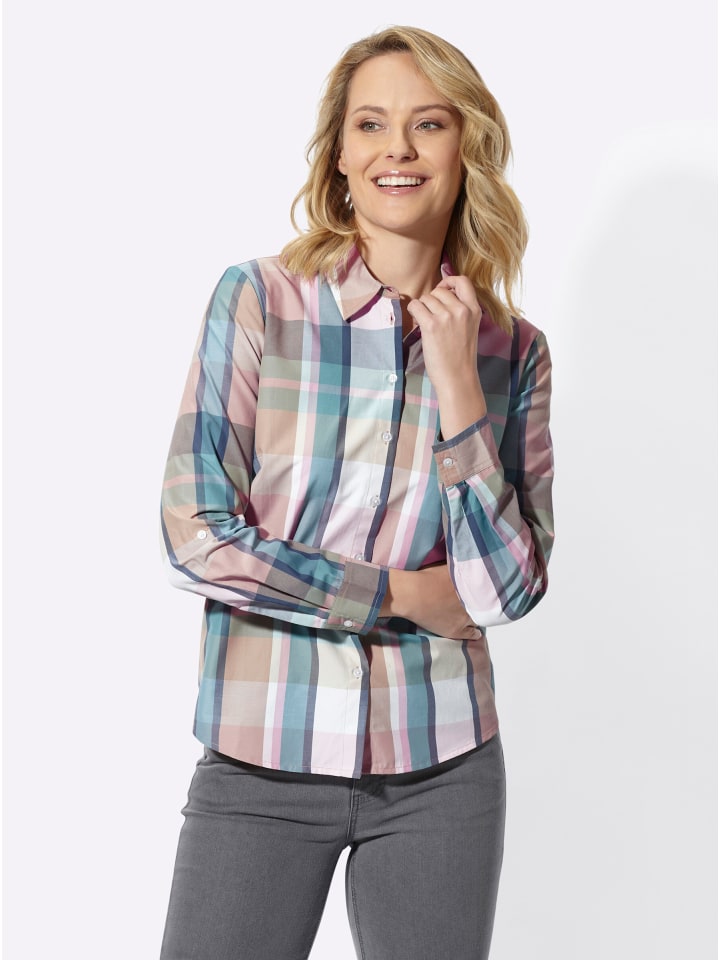 Langarm-Bluse in jade-hortensie-kariert