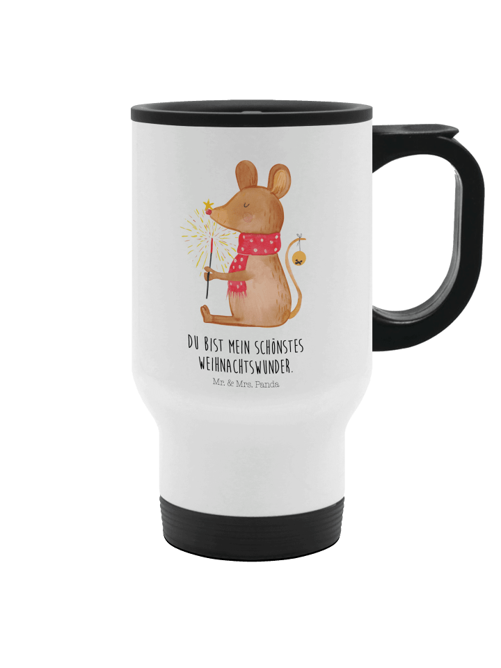 Thermobecher Maus Weihnachten mit Spruch in Weiß