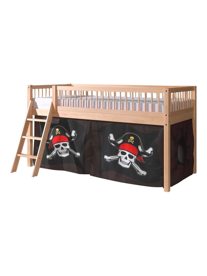 HALBHOHES BETT Kelci 90x200 Textilset Caribian Pirate Buche Massivholz