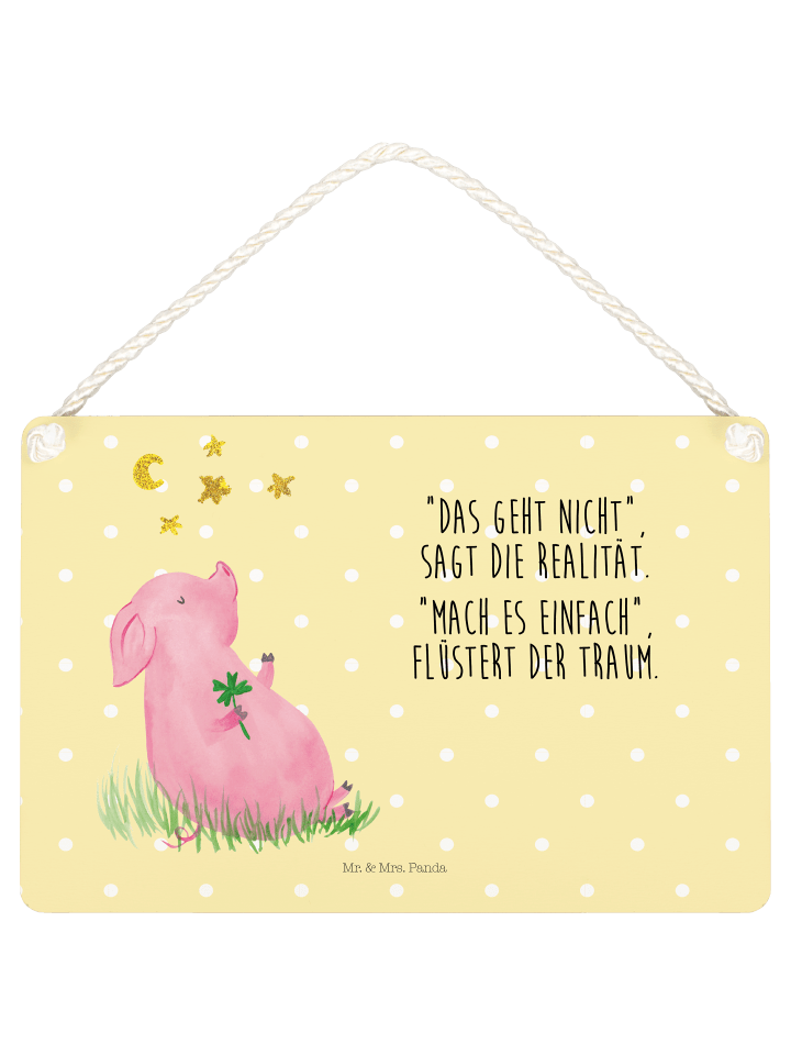 Wandtafel Schwein Glück mit Spruch in Gelb Pastell