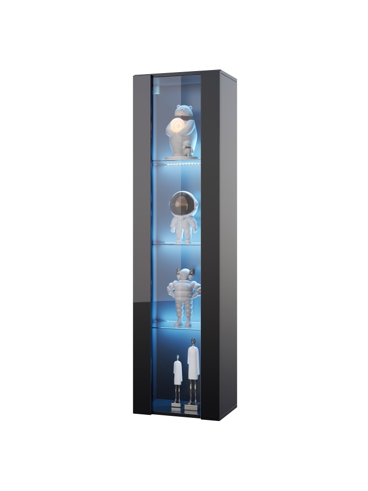 Vitrine in Schwarz 40x29x170 cm mit LED APP Glasböden