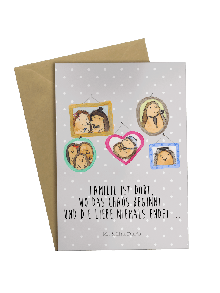 Grußkarte Igel Familie mit Spruch in Grau Pastell