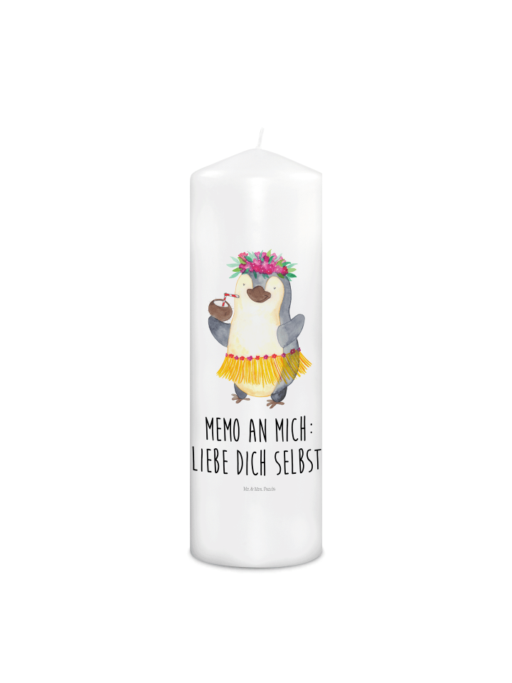 Kerze Pinguin Kokosnuss mit Spruch in Weiß
