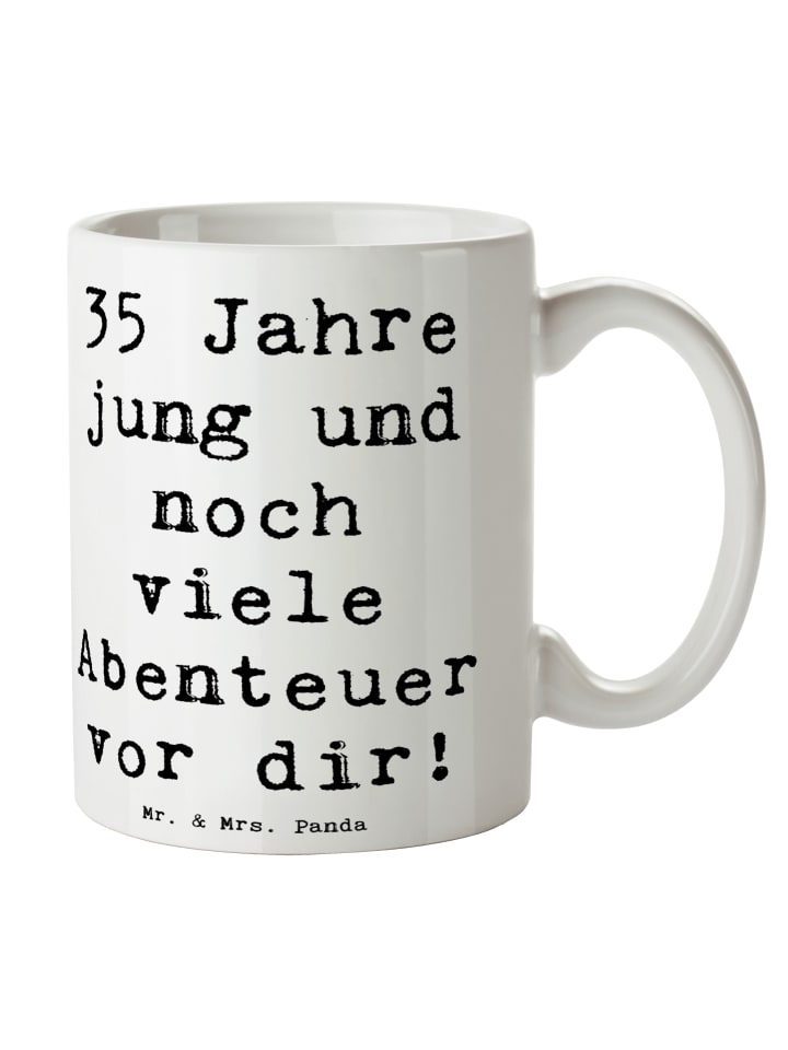 Becher Spruch 35. Geburtstag Abenteuer mit Spruch in Weiß