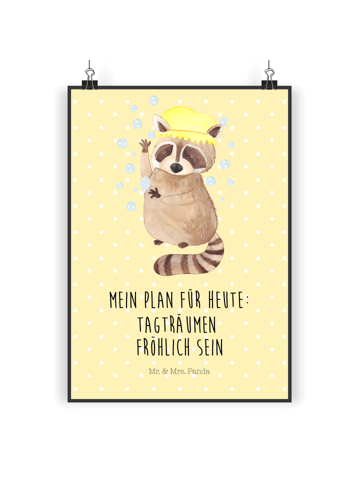 Plakat Waschbär mit Spruch in Gelb Pastell