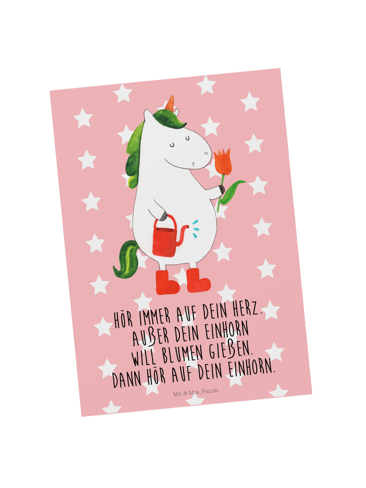 Grußkarte Einhorn Gärtner mit Spruch in Rot Pastell