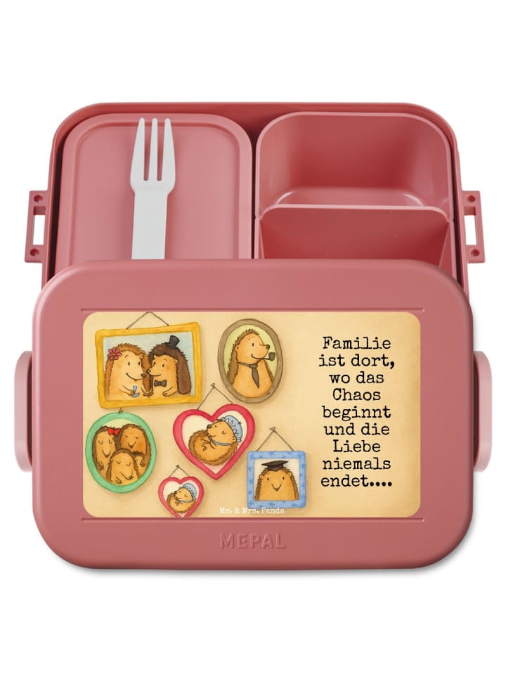 Bentobox Igel Familie Design mit Spruch in Rot Pastell