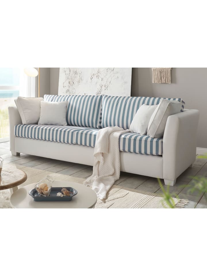 Sofa 3-Sitzer creme blau gestreift, Landhaus 240 cm, Couch inklusive Kissen
