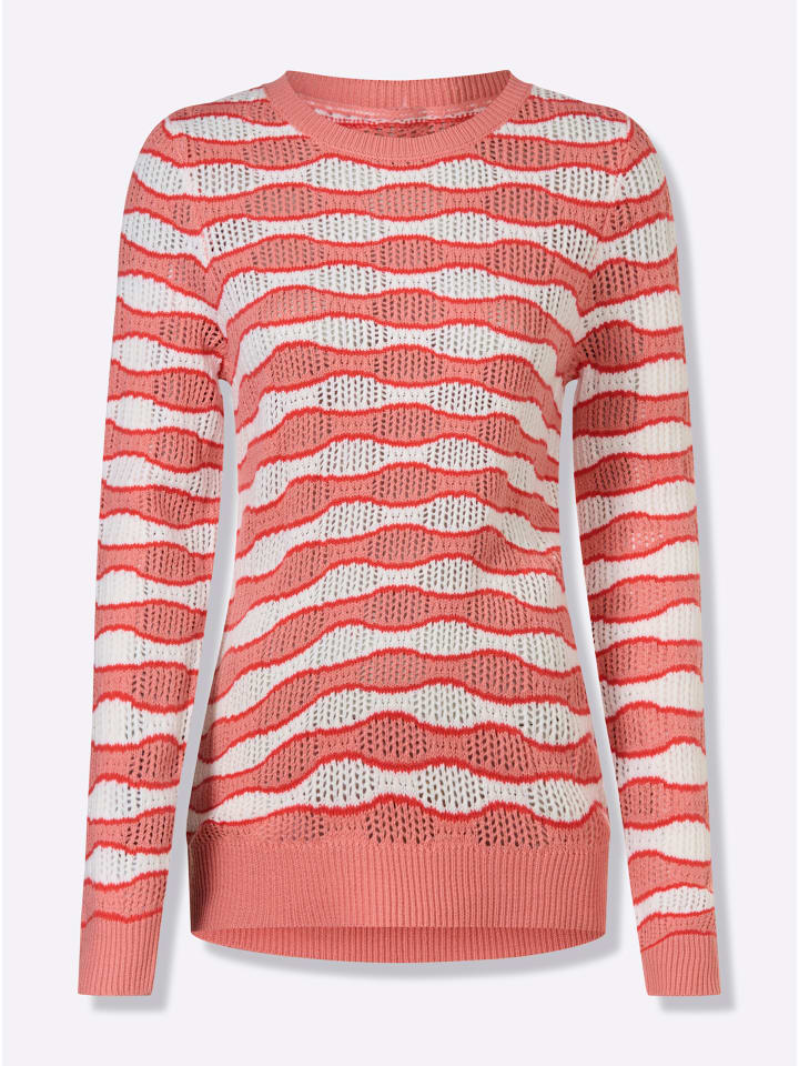 Ajour-Pullover in flamingo-ecru-gemustert