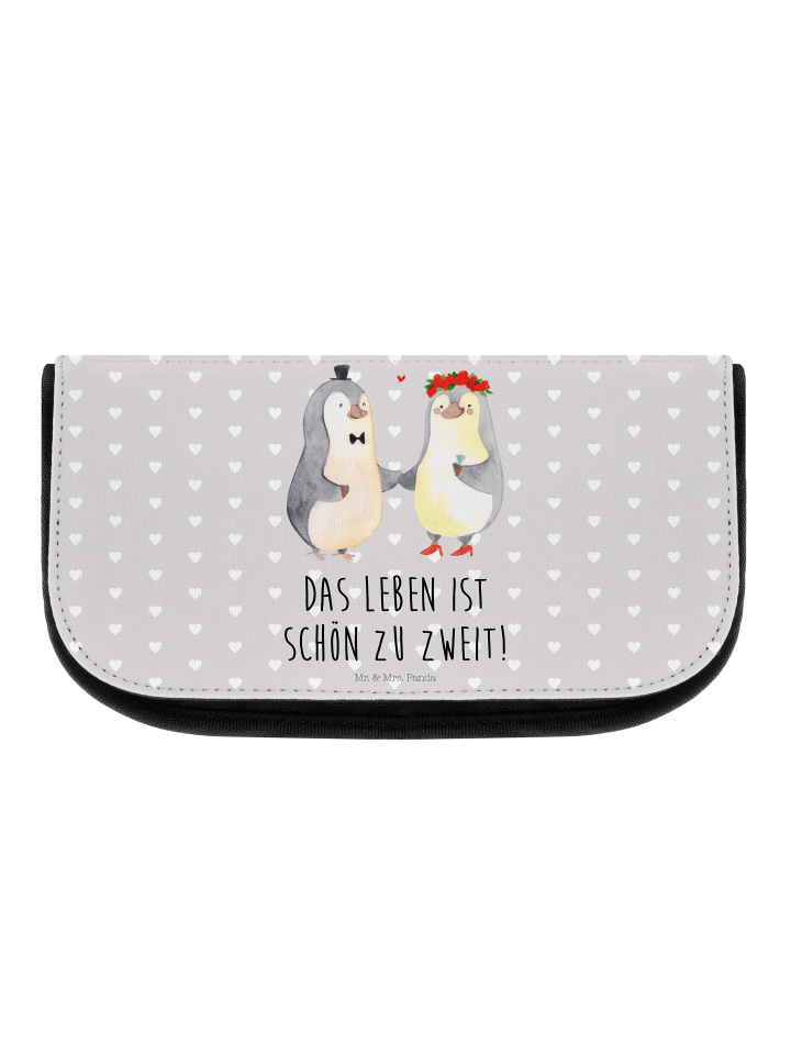 Waschbeutel Pinguin Heirat mit Spruch in Grau Pastell
